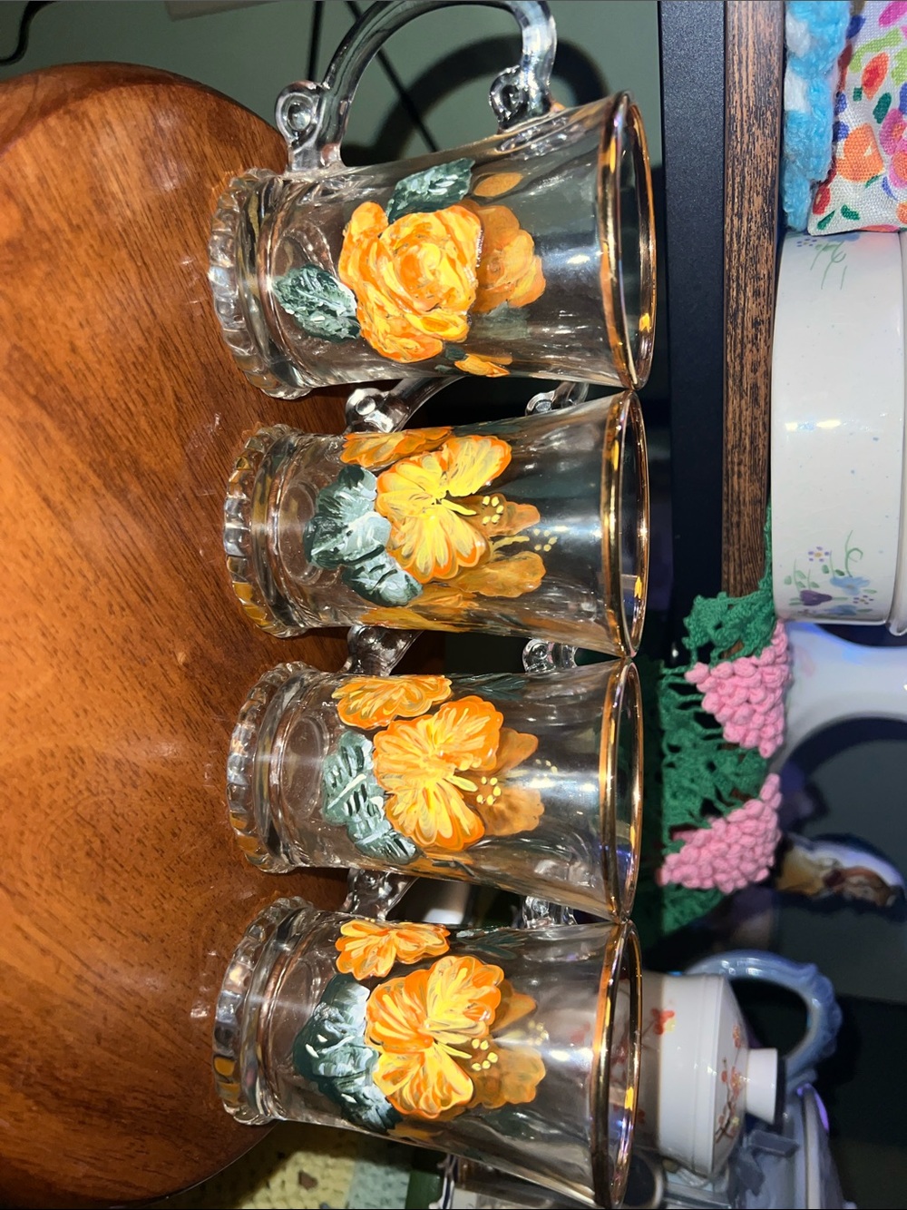 Hand-Painted Floral Glass Mugs with Gold Rim - Set of 4 - Picture 6 of 6